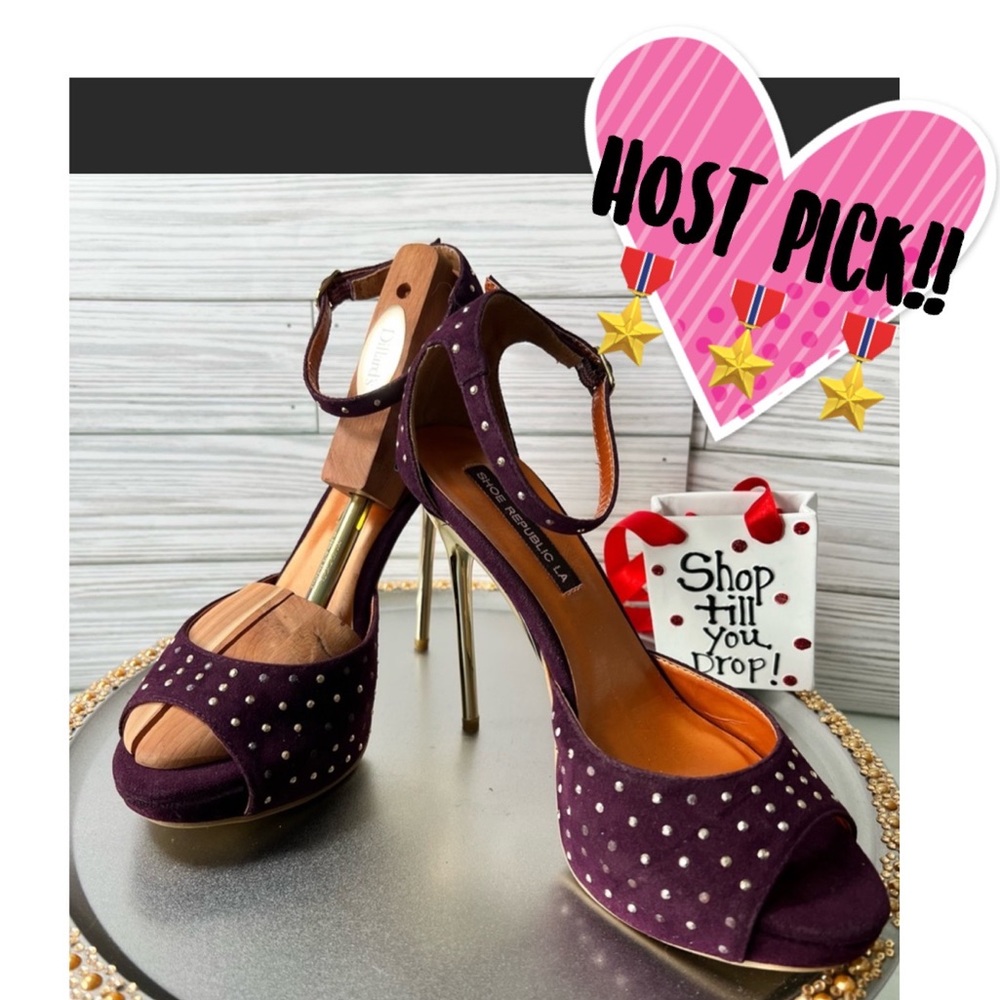 FINAL PRICE Shoe Republic LA Suede Purple Open Toe Studded Ankle Strap Stiletto